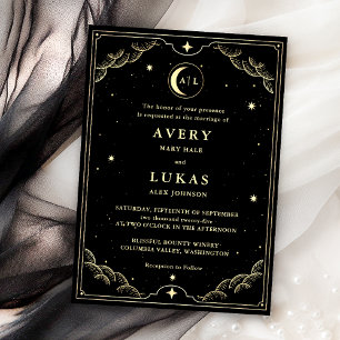 Celestial Midnight Sky Black Gold Wedding Einladung