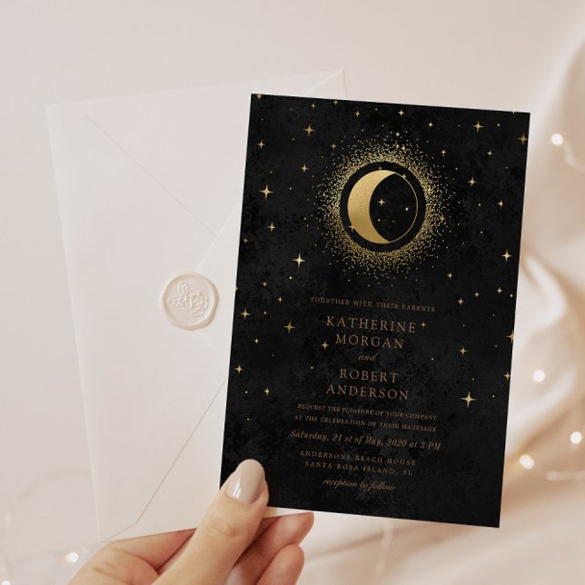 Celestial Mitternacht Black Stars Moon Wedding Einladung (Von Creator hochgeladen)