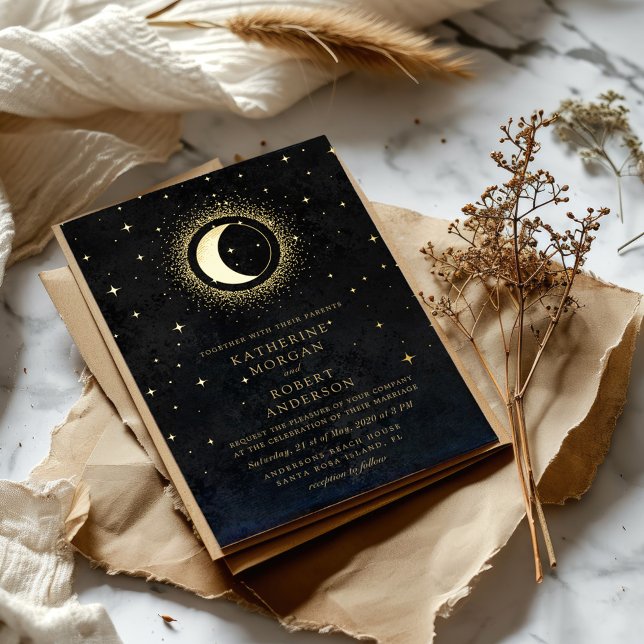 Celestial Mitternacht Black Stars Moon Wedding Folieneinladung (Von Creator hochgeladen)