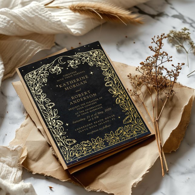 Celestial Mitternacht Black Stars Moon Wedding Folieneinladung (Von Creator hochgeladen)