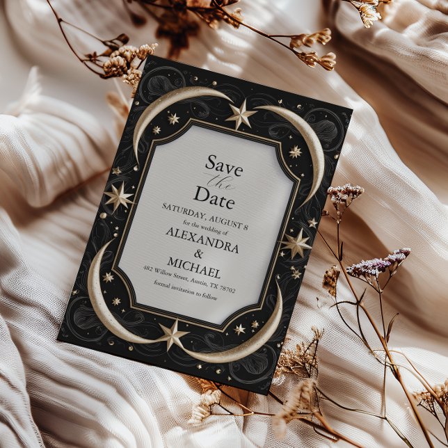 Celestial Mitternacht Black Stars Moon Wedding Save The Date (Von Creator hochgeladen)