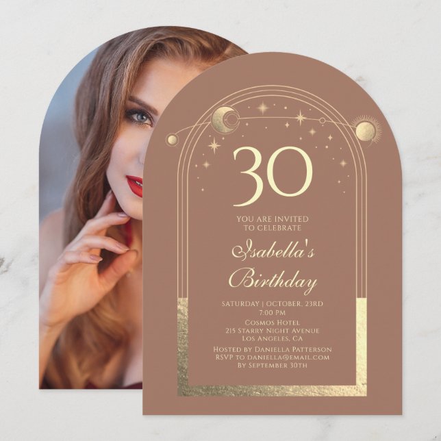 Celestial Mocha Gold Sun Moon Stars 30. Einladung (Vorne/Hinten)