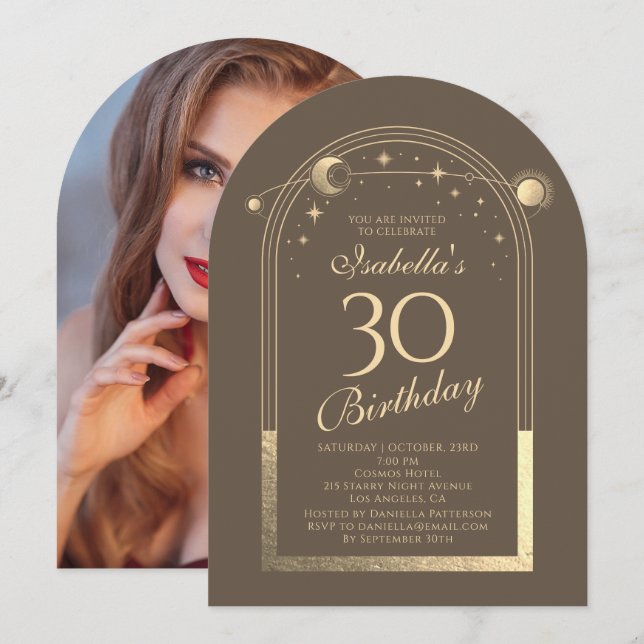 Celestial Mocha Gold Sun Moon Stars 30. Einladung (Vorne/Hinten)