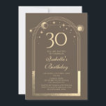 Celestial Mocha Gold Sun Moon Stars 30. Einladung<br><div class="desc">Celestial Mocha Gold Sun Moon Astronomie 30. Geburtstag Foto Einladungen bietet eine elegante goldene Sonne,  Mond und Sterne mit einem goldenen Rahmen auf einem Mochahintergrund. Im Inneren ist Ihre individuelle Einladung zum dreißigsten Geburtstag Informationen. Auf der Rückseite fügen Sie Ihr Lieblings-Foto. Für Sie entworfen von Evco Studio www.zazzle.com/store/evcostudio</div>