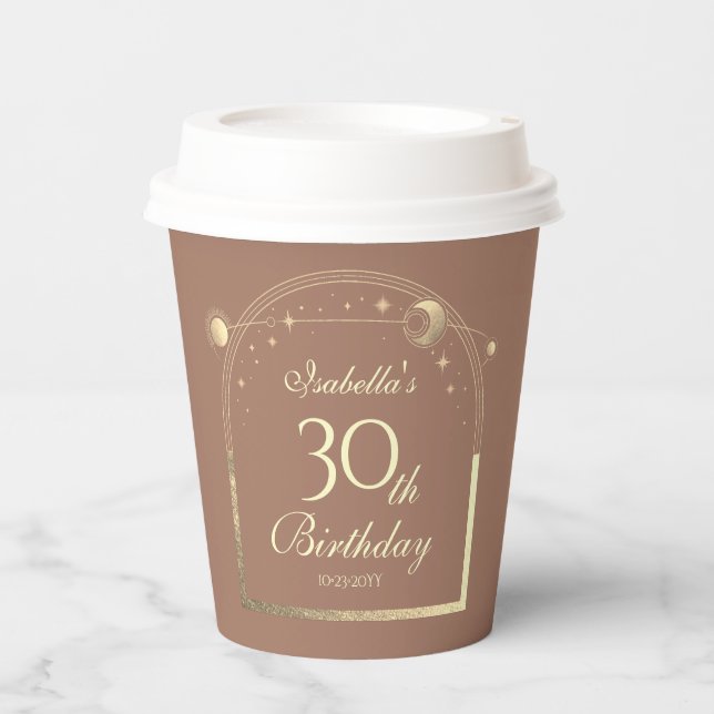 Celestial Mocha Gold Sun Moon Stars 30. Pappbecher (Vorderseite)