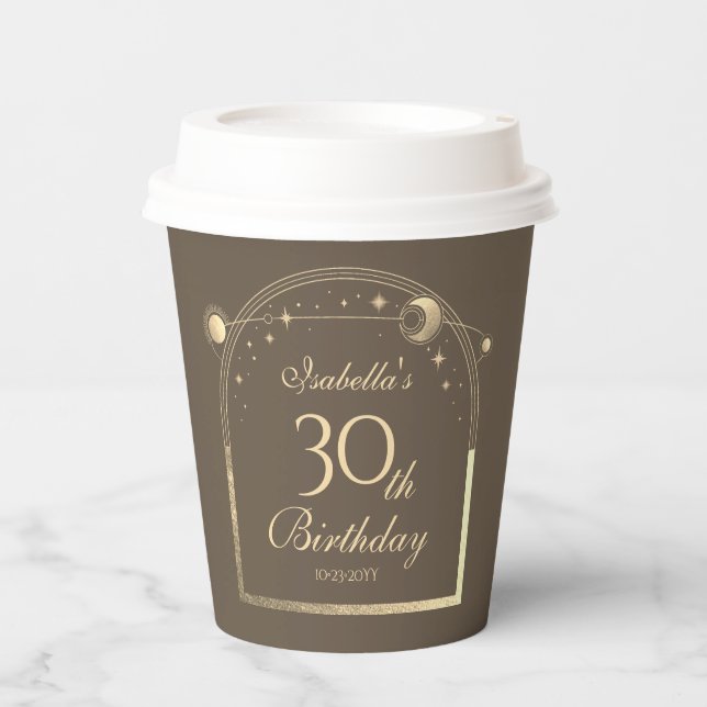Celestial Mocha Gold Sun Moon Stars 30. Pappbecher (Vorderseite)