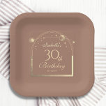 Celestial Mocha Gold Sun Moon Stars 30. Pappteller<br><div class="desc">Mocha Mousse Gold Sun Moon Astronomie 30. Geburtstag Papier Teller mit einer eleganten goldenen Sonne, Mond und Sternen mit einem goldenen Rahmen auf einem mochaotischen Hintergrund. Im Inneren finden Sie Ihre persönlichen Informationen zum dreißigsten Geburtstag. Personalisieren Sie den Text in den Textfeldern, indem Sie ihn bearbeiten. Für Sie entworfen von...</div>
