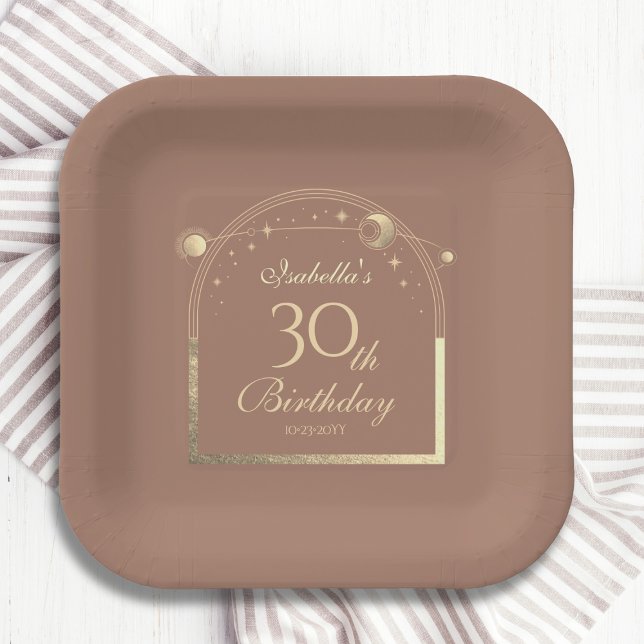 Celestial Mocha Gold Sun Moon Stars 30. Pappteller (Von Creator hochgeladen)