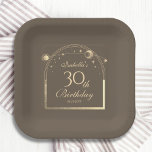 Celestial Mocha Gold Sun Moon Stars 30. Pappteller<br><div class="desc">Celestial Mocha Gold Sun Moon Astronomie 30. Geburtstag Papier Teller mit einer eleganten goldenen Sonne, Mond und Sternen mit einem goldenen Rahmen auf einem mochaotischen Hintergrund. Im Inneren finden Sie Ihre persönlichen Informationen zum dreißigsten Geburtstag. Personalisieren Sie den Text in den Textfeldern, indem Sie ihn bearbeiten. Für Sie entworfen von...</div>