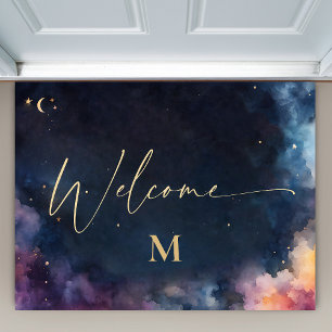 Celestial Monogram Blue Gold Galaxy Sky Willkommen Fußmatte