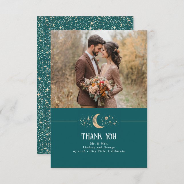 Celestial Moon and Stars Aquamarin Danke Foto (Vorne/Hinten)