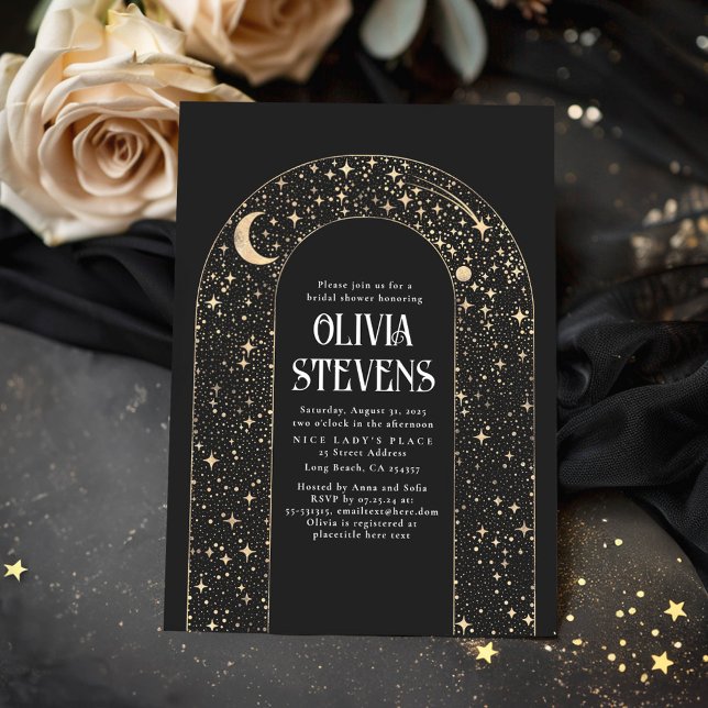 Celestial Moon and Stars Black Brautparty Einladung (Celestial Black Bridal Shower Invitations)