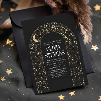 Celestial Moon and Stars Black Mystical Birthday Einladung