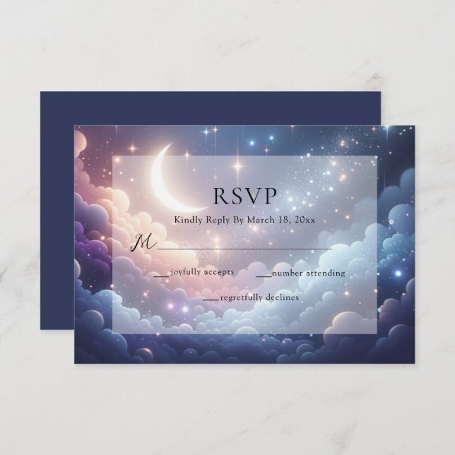 Celestial Moon and Stars Blue Wedding RSVP Karte (Vorne/Hinten)