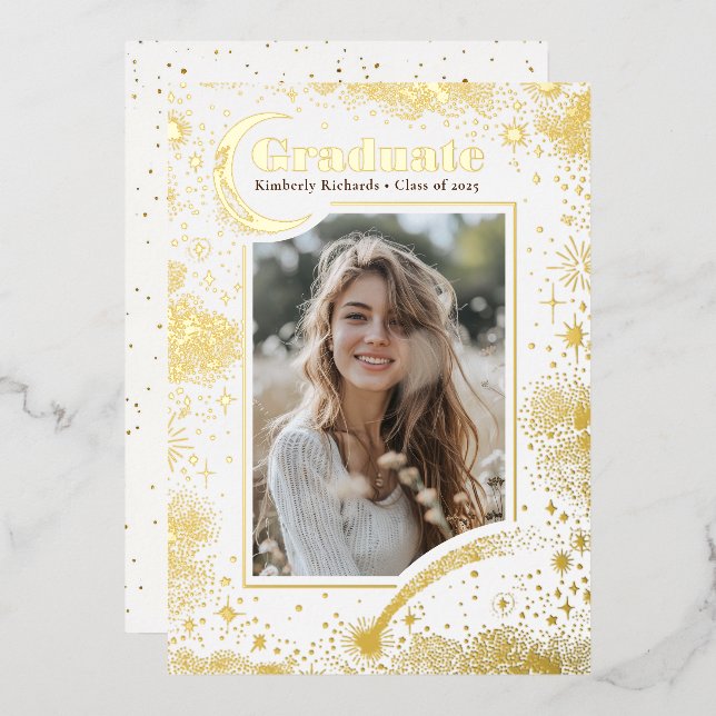Celestial Moon and Stars Graduate Foto Abschluss Folieneinladung (Vorderseite/Rückseite)