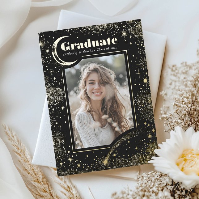 Celestial Moon and Stars Graduate Foto Abschluss Folieneinladung (Graduation Celebration Photo Invitation)