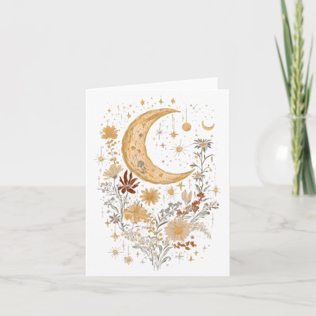 Celestial Moon and Wildflower Greeting Card – Boho Karte (Vorderseite)