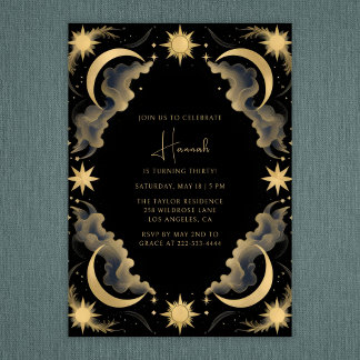 Celestial Moon Black Gold Tarot Birthday Einladung