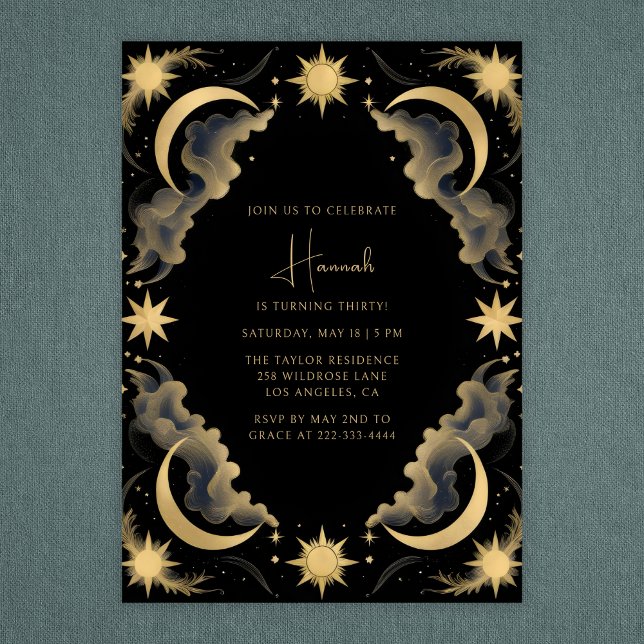 Celestial Moon Black Gold Tarot Birthday Einladung (Celestial Moon & Stars Birthday – Elegant Night Sky Party for Adults Invitation)