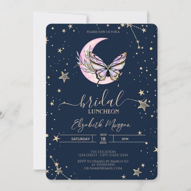 Celestial Moon Butterfly Blue Bridal Luncheon Einladung (Vorderseite)