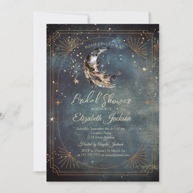 Celestial Moon Feather Frame Sky Bridal Shower Einladung (Vorderseite)