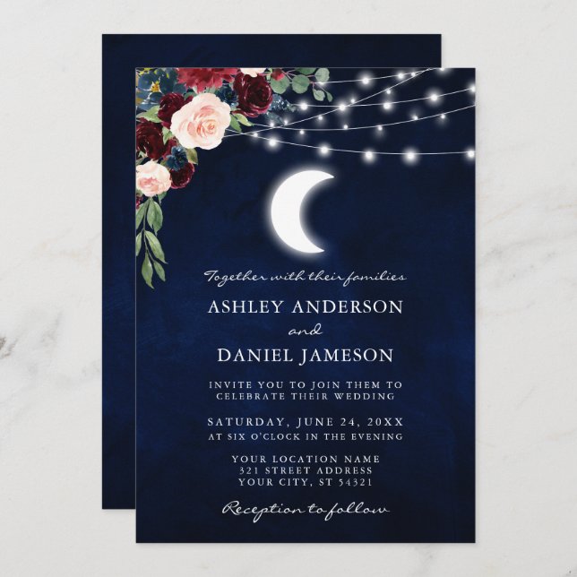 Celestial Moon Floral Lights Foto Hochzeit Einladung (Vorne/Hinten)