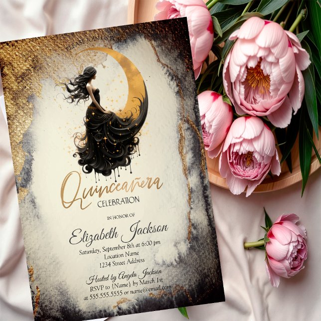 Celestial Moon Girl Watercolor Gold Quinceanera Einladung (Von Creator hochgeladen)