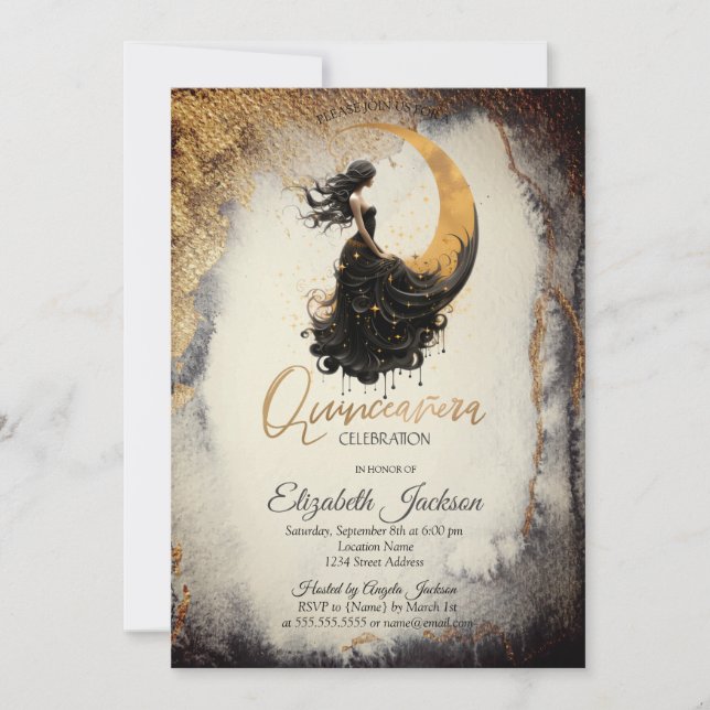 Celestial Moon Girl Watercolor Gold Quinceanera Einladung (Vorderseite)