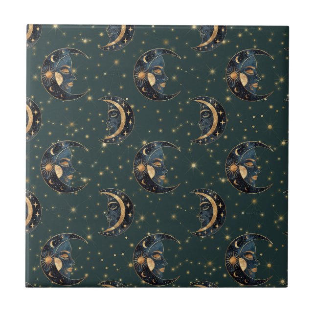 Celestial Moon Gold Starry Night Pattern (2) Fliese (Vorderseite)