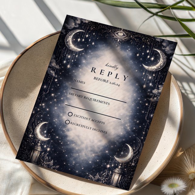 Celestial Moon Gothic Wedding RSVP Karte (Von Creator hochgeladen)