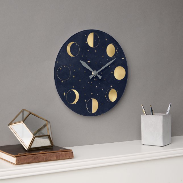 Celestial Moon Phases Gold Acrylic Wall Clock Große Wanduhr (Büro)