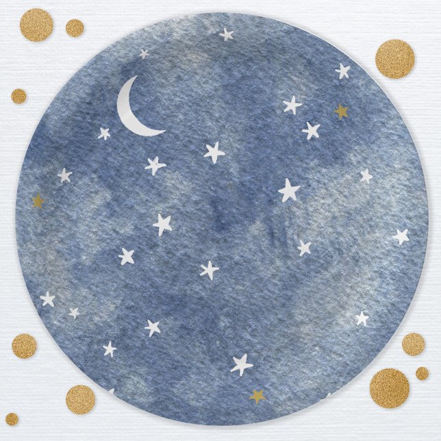 Celestial Moon Star Navy Blue Watercolor Pappteller (Moon and stars celestial watercolor navy blue gold and white party paper plates)