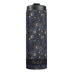 Celestial Moon Stars Blue and Gold Monogram Name Thermosbecher