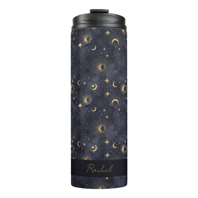 Celestial Moon Stars Blue and Gold Monogram Name Thermosbecher (Vorderseite)