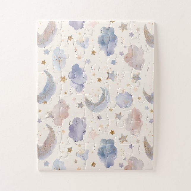 Celestial Moon Stars Clouds Watercolor Pastels Puzzle (Vertikal)