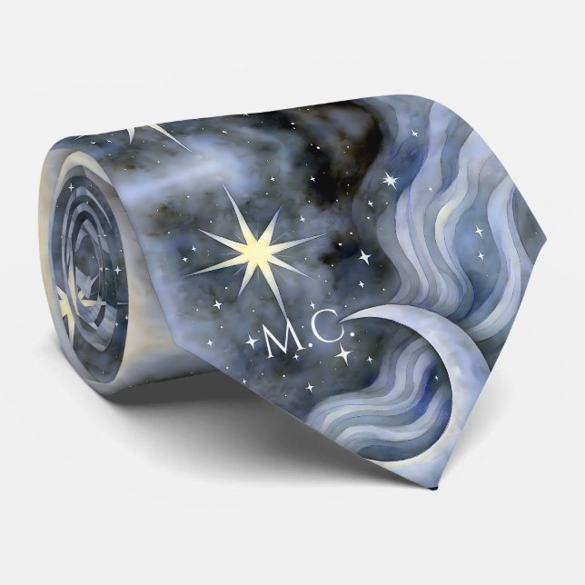 Celestial Moon Stars Dreamy Sky Bold Monogram Krawatte (Gerollt)
