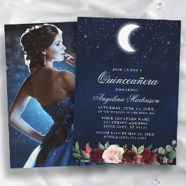 Celestial Moon Stars Floral Foto Quinceanera Einladung