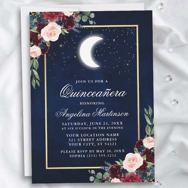 Celestial Moon Stars Floral Gold Quinceanera Einladung (Customize to add text or a photo to back of card.)