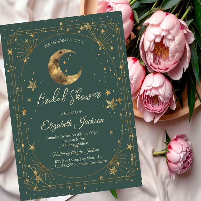 Celestial Moon Stars Frame Green Bridal Shower Einladung (Von Creator hochgeladen)