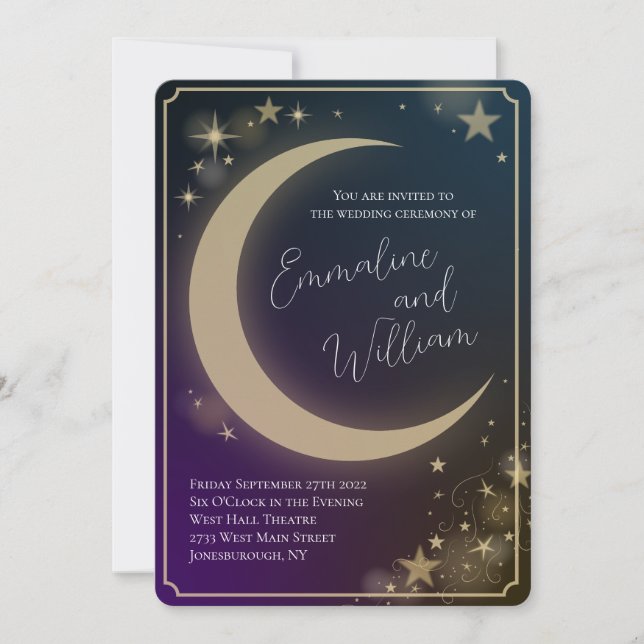 Celestial Moon Stars Hochzeiten Lila Blue Dark Einladung (Vorderseite)