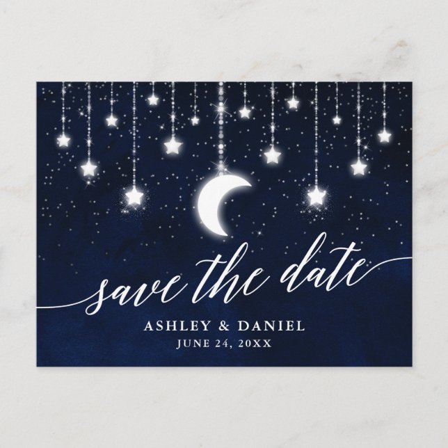 Celestial Moon Stars Kalligraphie Save the Date Postkarte (Vorderseite)