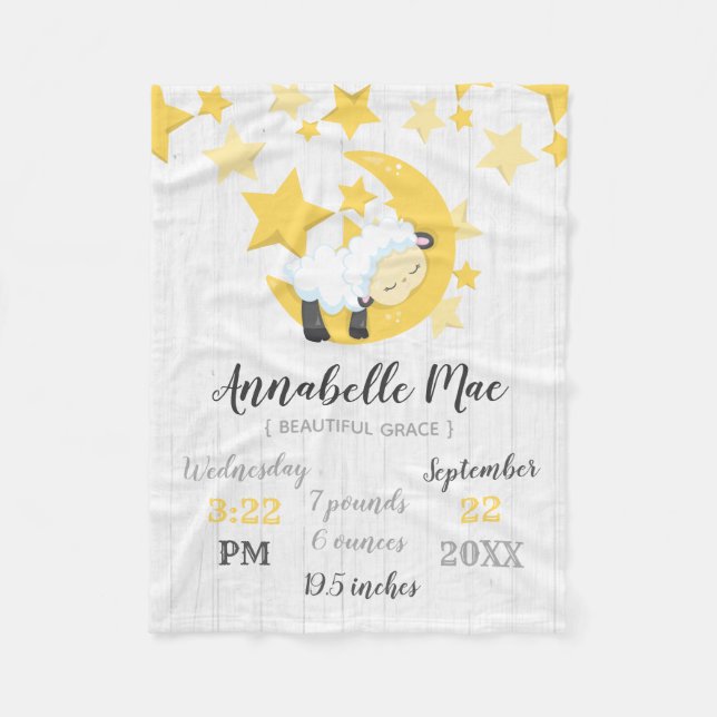 Celestial Moon Stars & Lamb Baby Birth Stats Fleecedecke (Vorderseite)