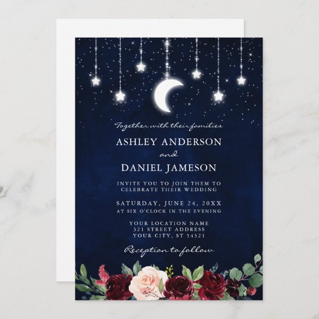 Celestial Moon Stars Lights Floral Foto Hochzeit Einladung (Vorne/Hinten)