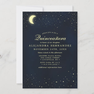 Celestial Moon Stars Midnight Blue Quinceañera Einladung