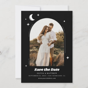 Celestial Moon & Stars. Moderne Schwarze Foto Hoch Save The Date