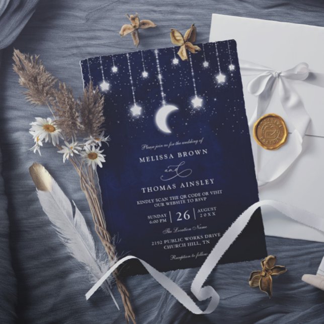 Celestial Moon Stars String Lights QR Code Wedding Einladung (Von Creator hochgeladen)
