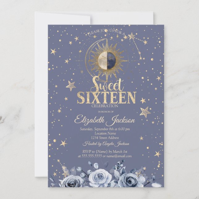 Celestial Moon Sun Moon Stars Lavander Sweet 16 Einladung (Vorderseite)