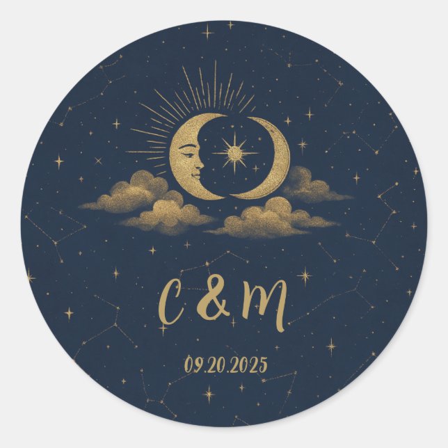 Celestial Moon Wedding Envelope Seal Runder Aufkleber (Vorderseite)