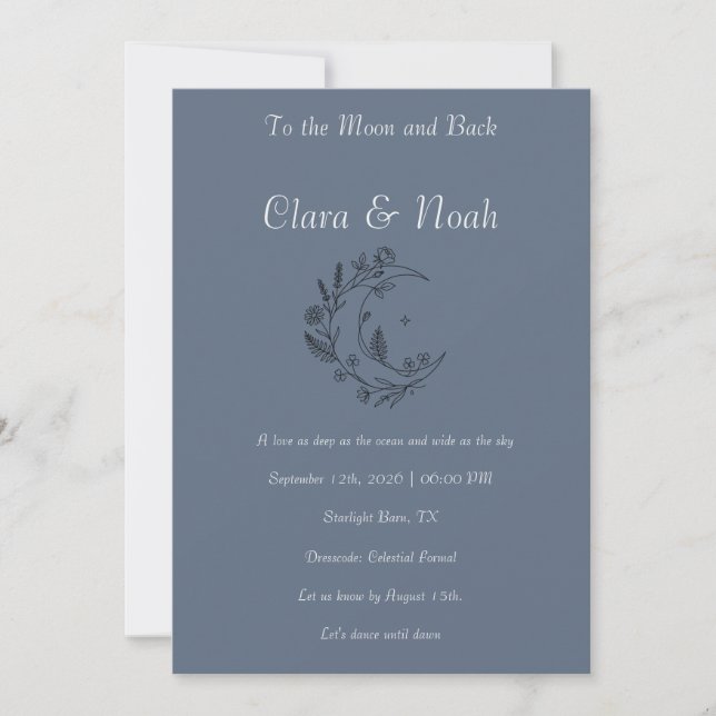 Celestial Moon Wedding Invitation Dusty Blue Einladung (Vorderseite)