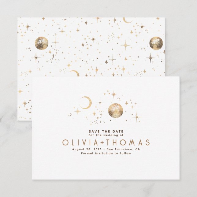 Celestial Moon White und Gold Save the Date (Vorne/Hinten)